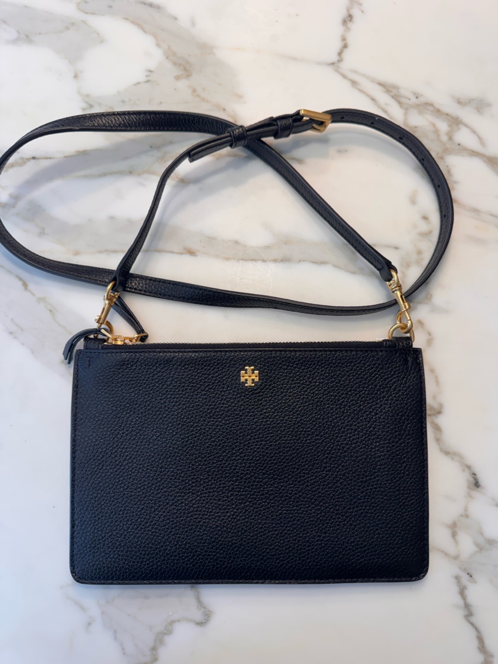 Tory Burch Black Pebbled Leather Crossbody with Gold Logo